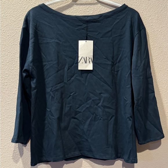 ZARA Long Sleeve Boat Neck Top Size Small NWT Dark Blue Minimalist Soft Stretch - Picture 1 of 5